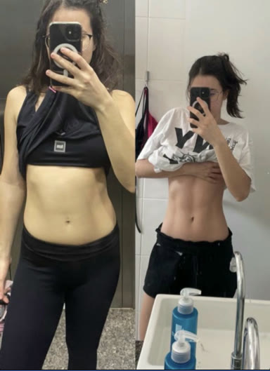 Aluna antes e depois do acompanhamento, vista de frente, com cintura mais definida
