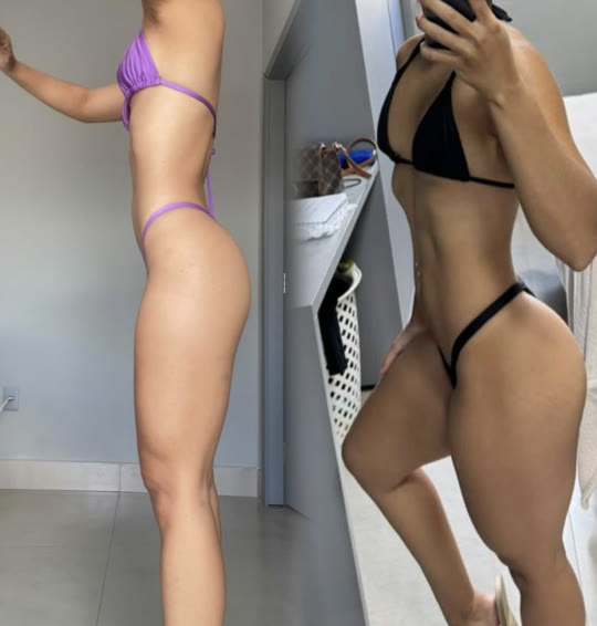 Aluna antes e depois do acompanhamento, vista lateral, com ganho de massa nas pernas e glúteos
